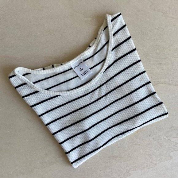 Nordstrom Girls' Ivory & Black Striped Ribbed Cropped Short Sleeve T-Shirt - Picture 7 of 7